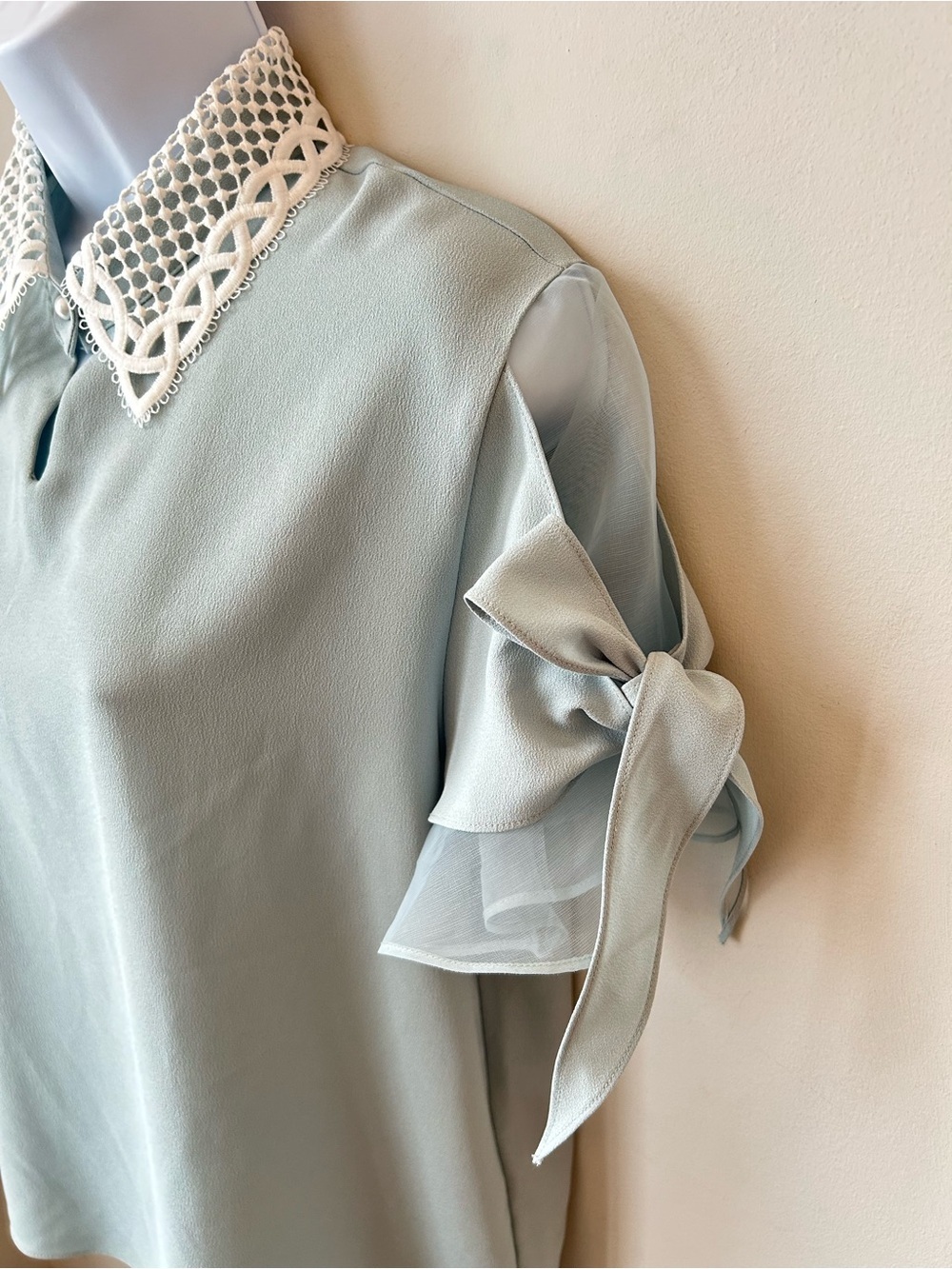 Lace Collar Seafoam Blouse - Mermaidcore Coquette Korean Office Chic - Picture 6 of 13